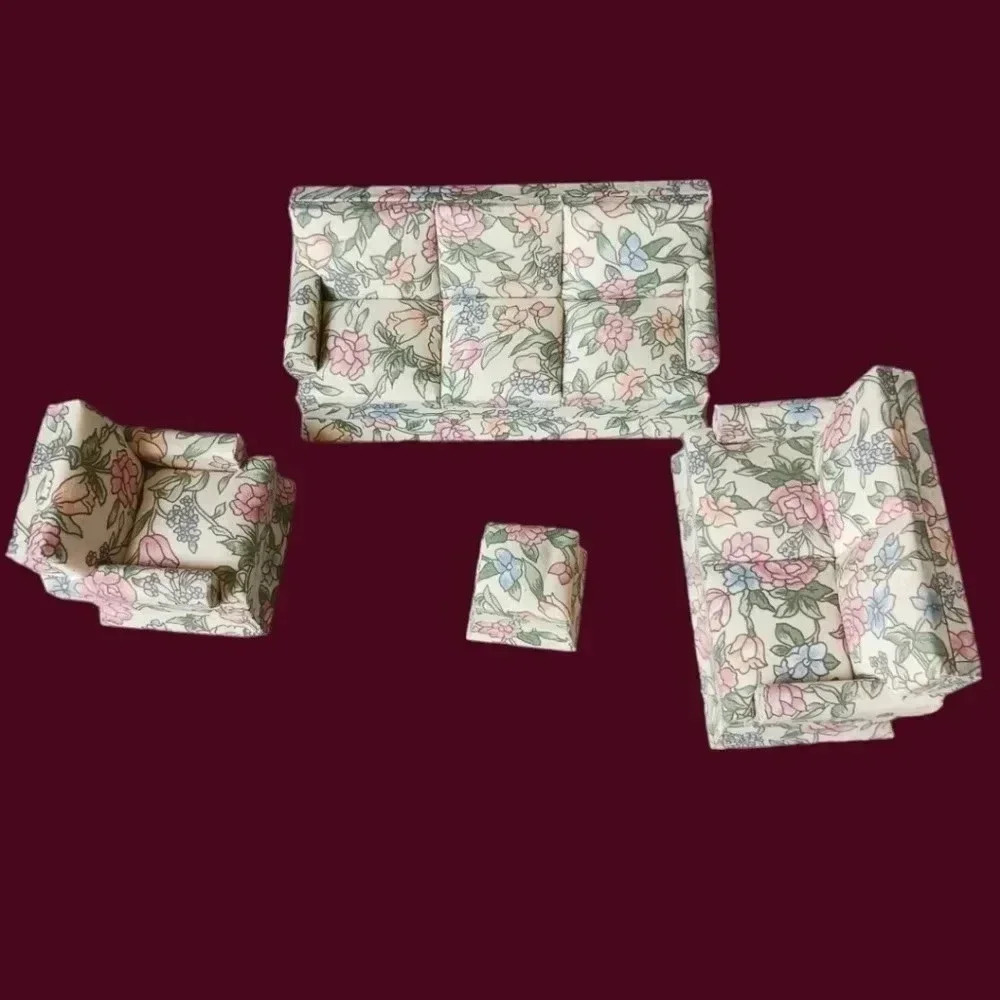Vtg dollhouse 4 pcs floral living room